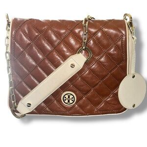 Tory Burch Willa Quilted Shoulder Bag Bone Tan Quilted Leather Flap Chain Strap